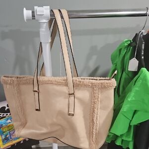 Beige Women's Faux Leather Tote Bag with Trim